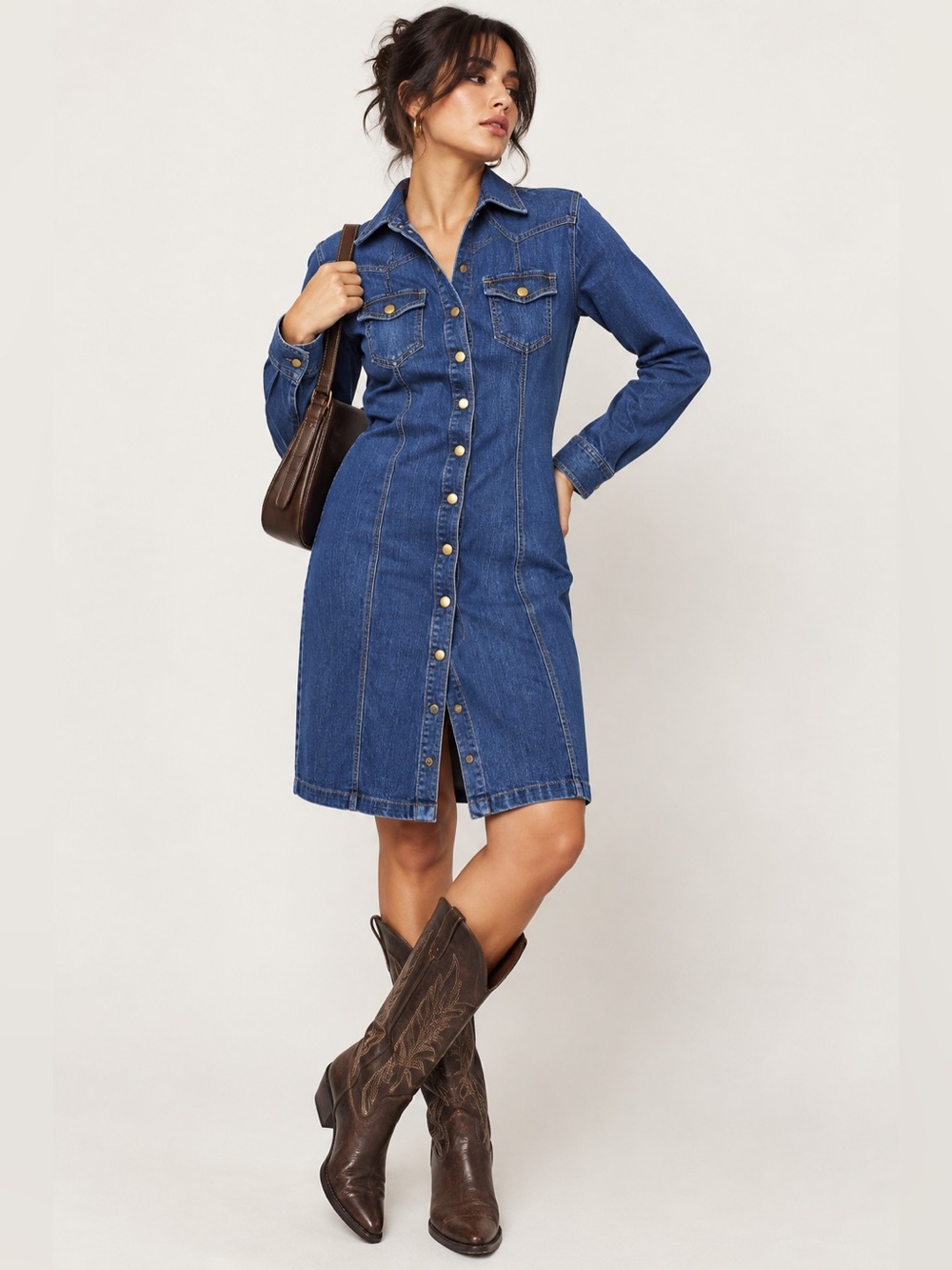 New York & Company Denim Shirt Dress L Snap Front Western Midi